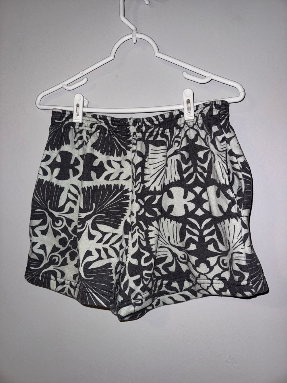 Manuheali’i Charcoal Gray and Light Blue/Gray Hawaiian Print Fleece Shorts.